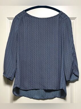 The Limited 3/4 Sleeve Summer Blouse Light Breezy Flowy Blue Cream Braid Print L